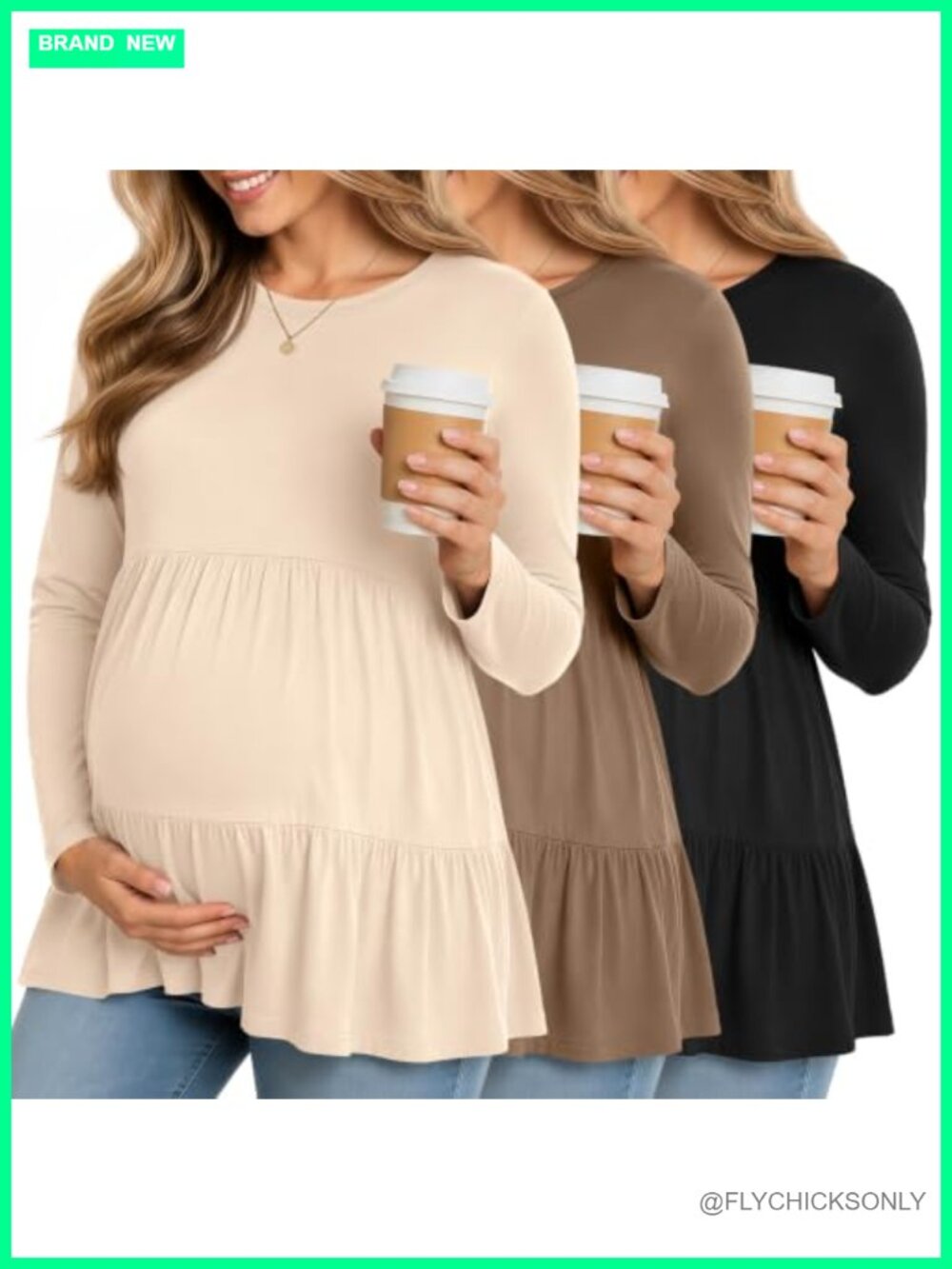 Maternity Peplum Babydoll 3 Pack Long Sleeve Blouses